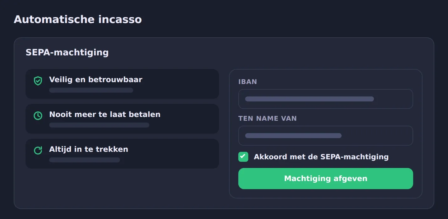 Illustratie van de automatische incasso in het IT Portaal, met het formulier voor de SEPA-machtiging