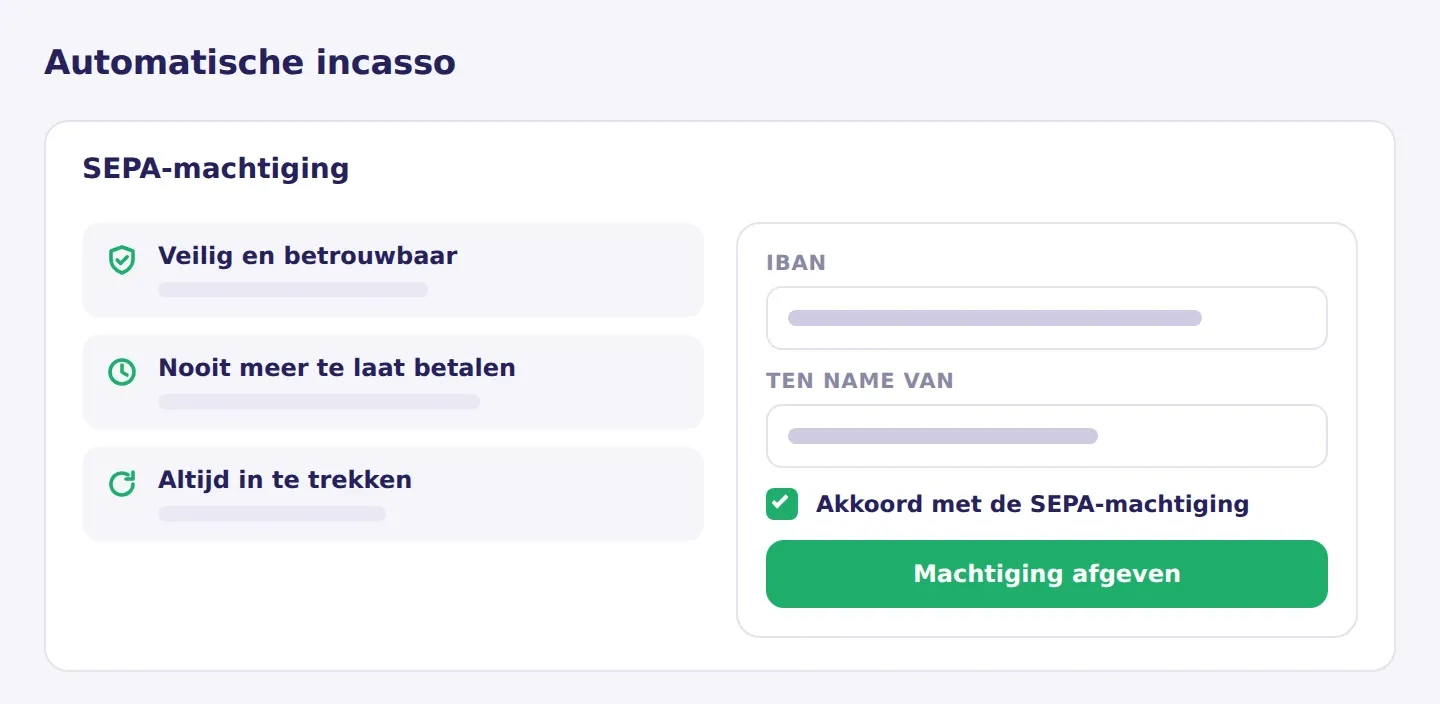 Illustratie van de automatische incasso in het IT Portaal, met het formulier voor de SEPA-machtiging