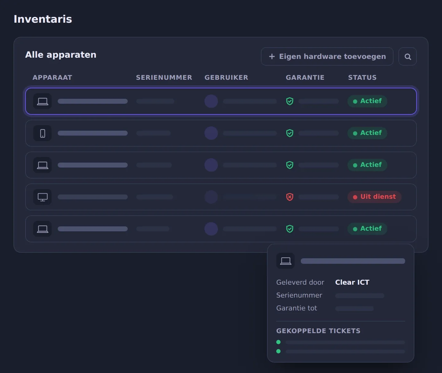 Illustratie van de inventaris in het IT Portaal, met per apparaat de gebruiker, het serienummer, de garantie en de gekoppelde tickets.