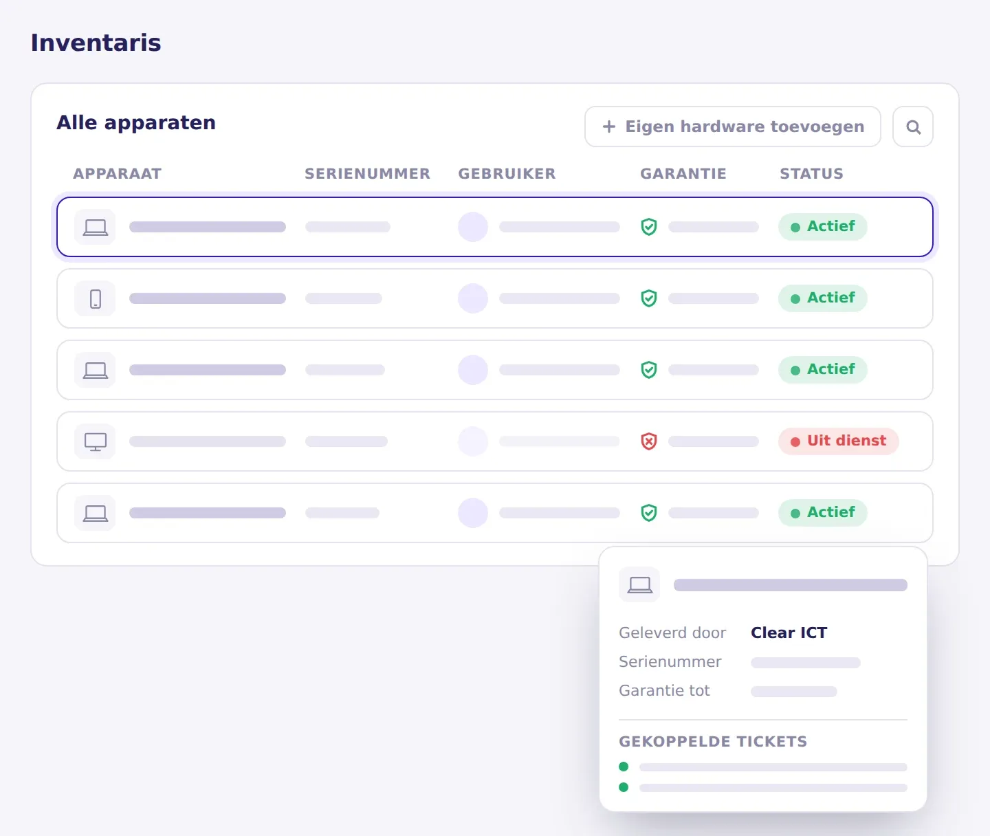 Illustratie van de inventaris in het IT Portaal, met per apparaat de gebruiker, het serienummer, de garantie en de gekoppelde tickets.