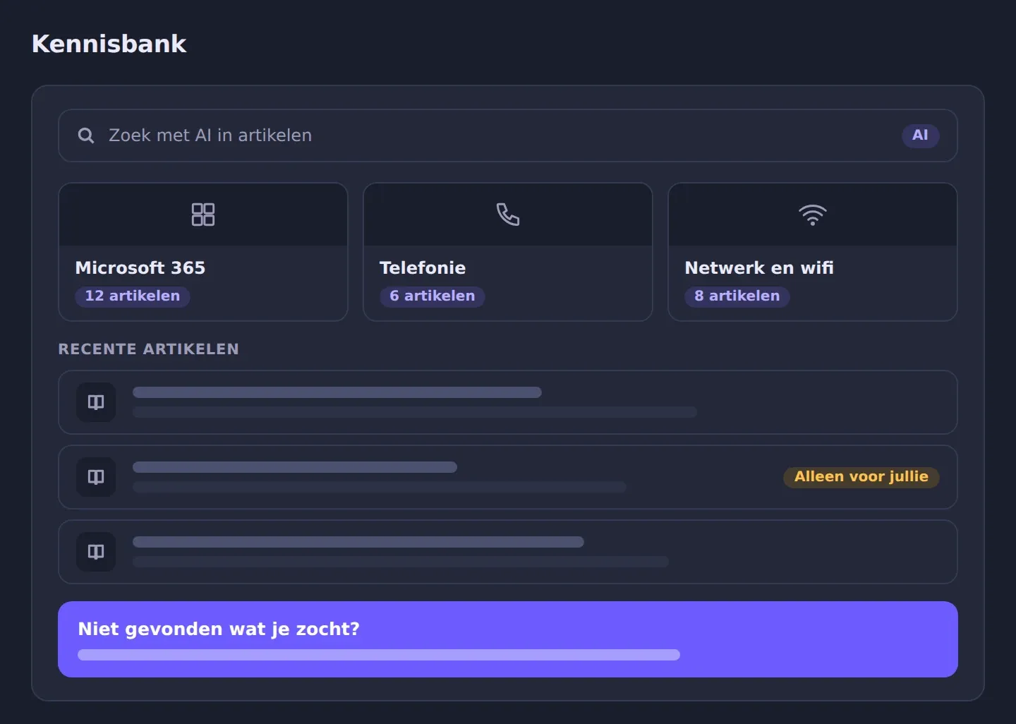 Illustratie van de kennisbank in het IT Portaal, met een zoekbalk voor zoeken met AI, categorieën en recente artikelen
