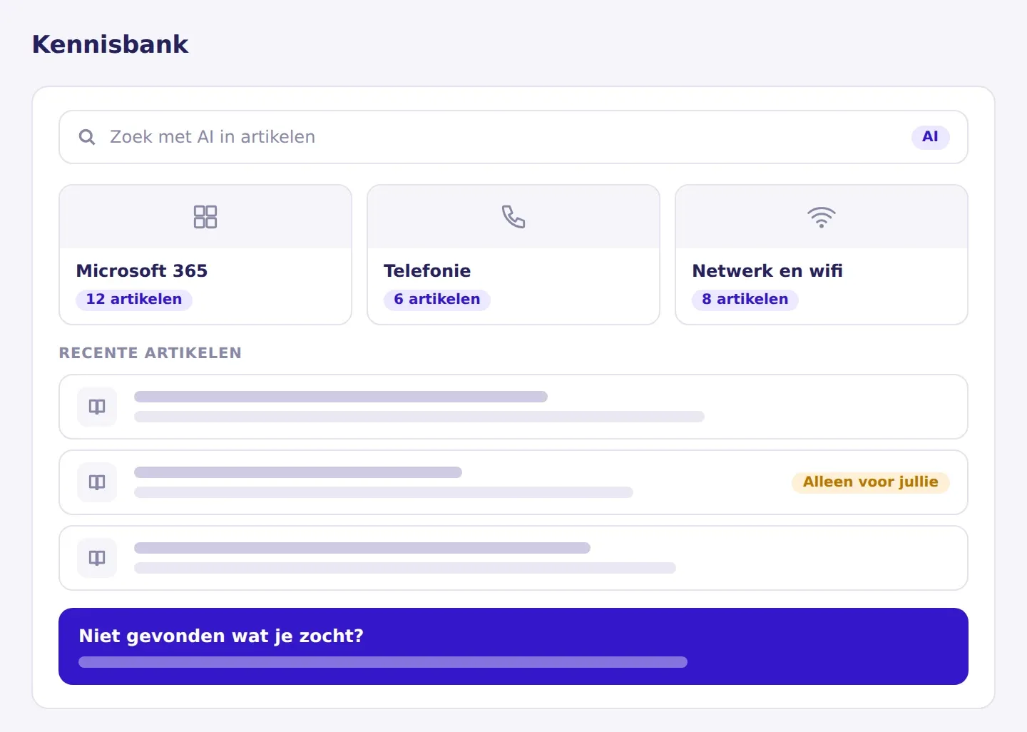 Illustratie van de kennisbank in het IT Portaal, met een zoekbalk voor zoeken met AI, categorieën en recente artikelen