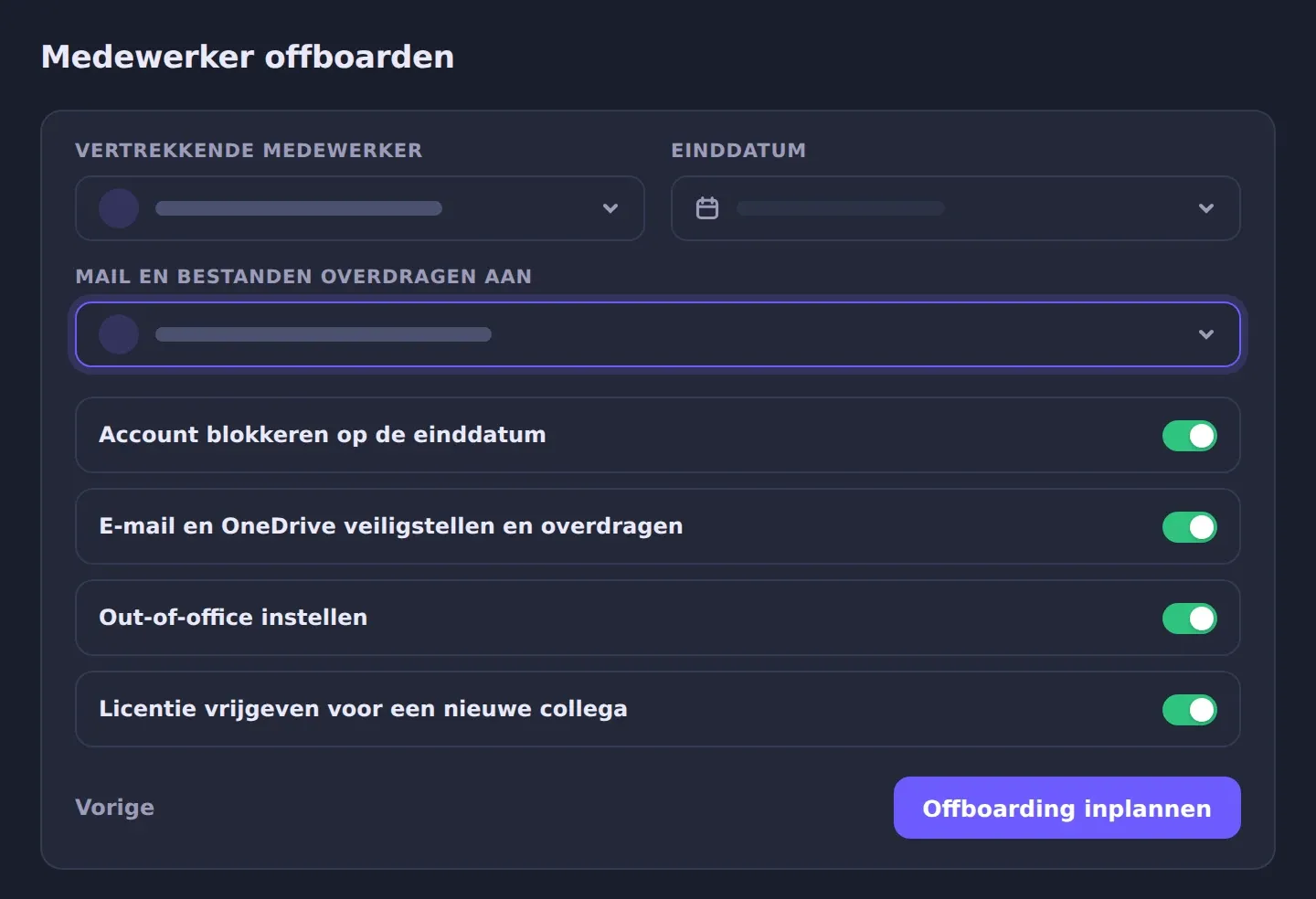 Illustratie van de offboarding wizard, met de vertrekkende medewerker, de einddatum, de overdracht van mail en bestanden en de checklist die wordt uitgevoerd.