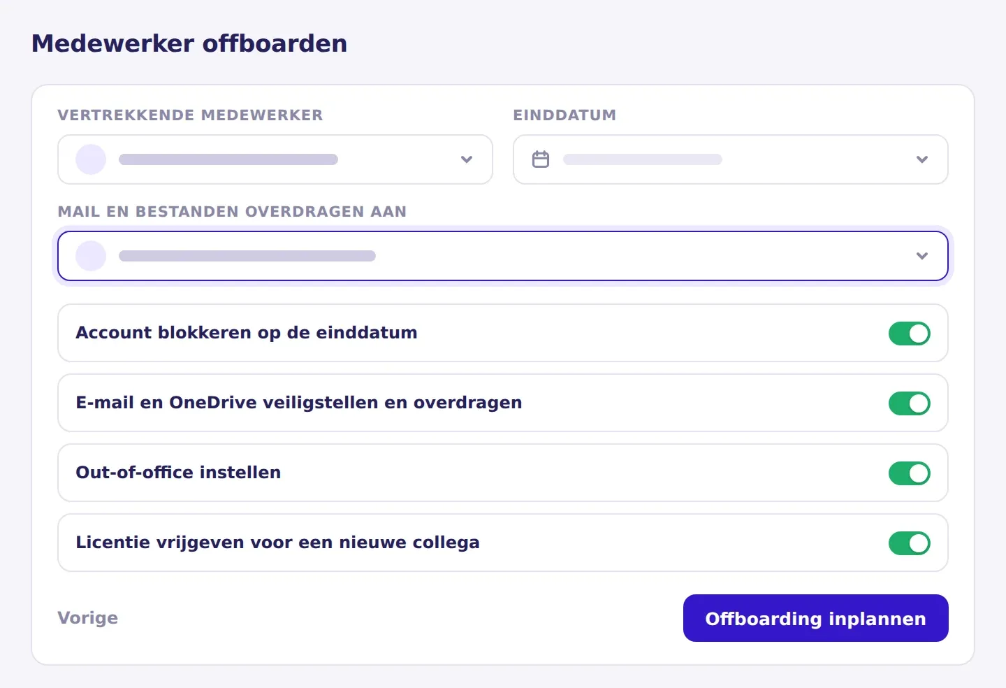 Illustratie van de offboarding wizard, met de vertrekkende medewerker, de einddatum, de overdracht van mail en bestanden en de checklist die wordt uitgevoerd.