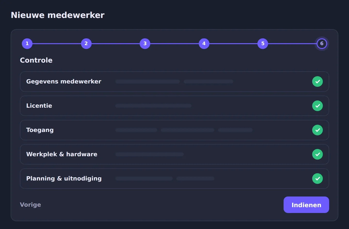Illustratie van de Controle-stap in de onboarding wizard, met het overzicht van alle gemaakte keuzes en de knop om de aanvraag in te dienen.