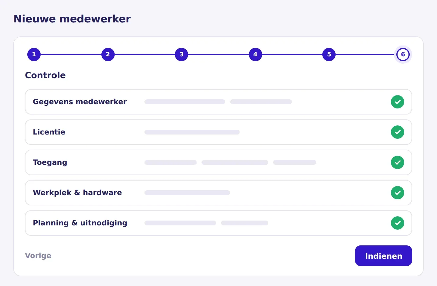 Illustratie van de Controle-stap in de onboarding wizard, met het overzicht van alle gemaakte keuzes en de knop om de aanvraag in te dienen.