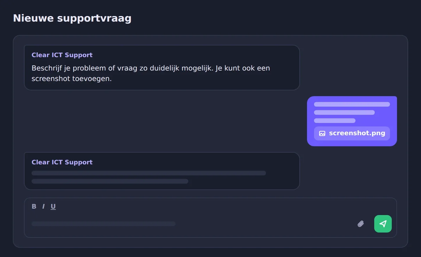 Illustratie van een nieuwe supportvraag in het IT Portaal, gesteld als chatbericht met een screenshot erbij