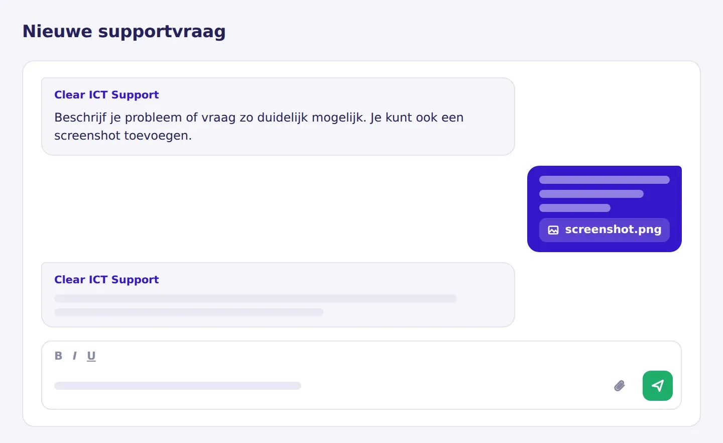 Illustratie van een nieuwe supportvraag in het IT Portaal, gesteld als chatbericht met een screenshot erbij