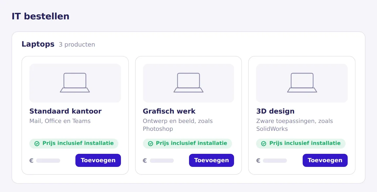 Illustratie van de webshop in het IT Portaal, met per toepassing een beperkt aantal laptops die door Clear ICT worden beheerd.
