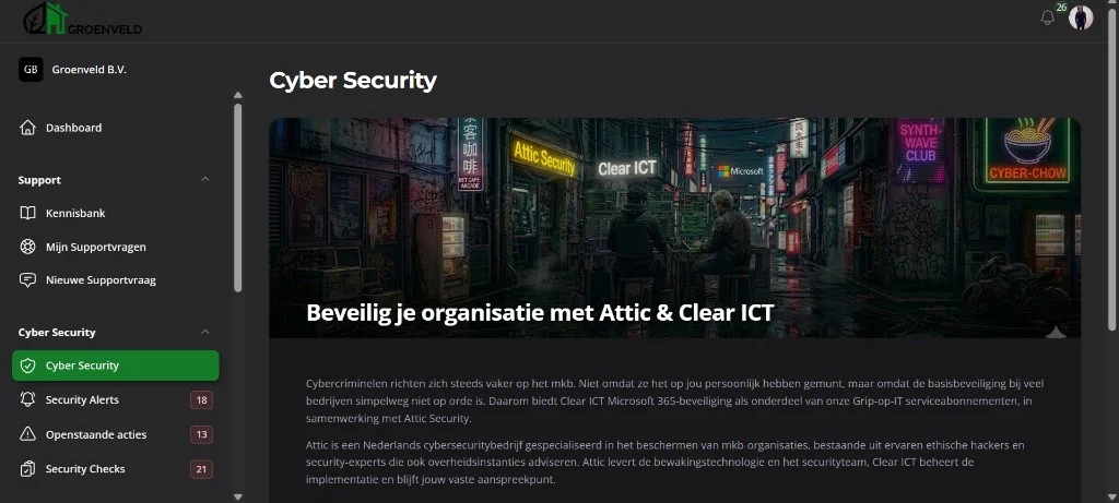 Cyber Security overzicht in het Clear ICT portaal met status, alerts en checks