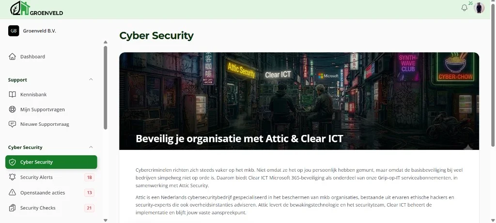 Cyber Security overzicht in het Clear ICT portaal met status, alerts en checks