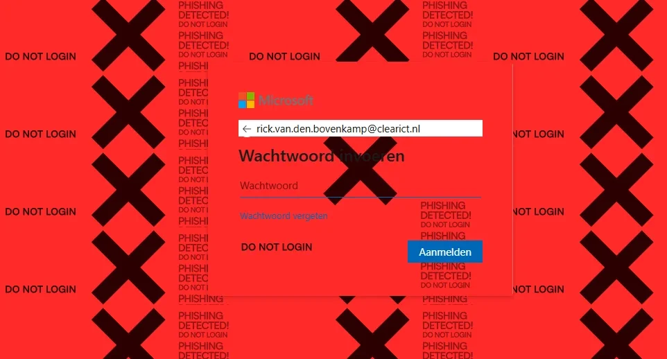 Rood alarmscherm bij detectie van een nep Microsoft 365 inlogpagina